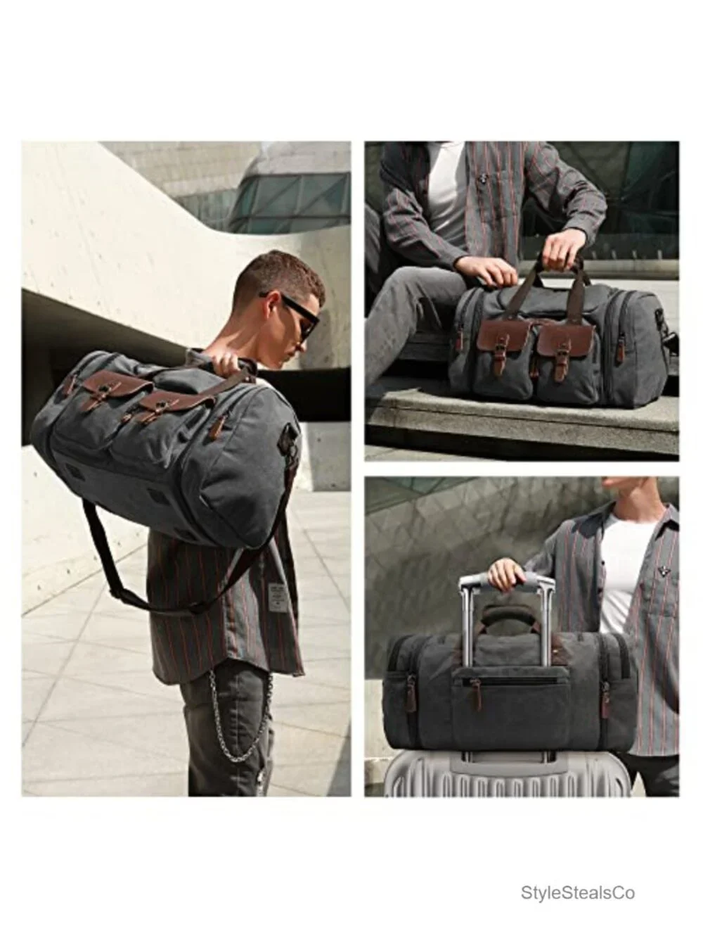60L Canvas Travel Duffel Bag with Leather Trim, Expandable Weekender, Carry On